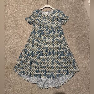 LuLaRoe Carly Dress in Blue and Cream Pattern